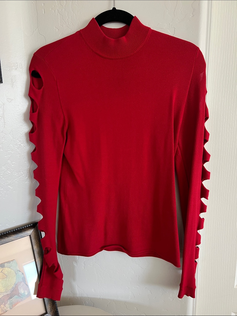 Aqua Red Long Sleeve Mock Neck Top with Ladder Cutout Sleeves